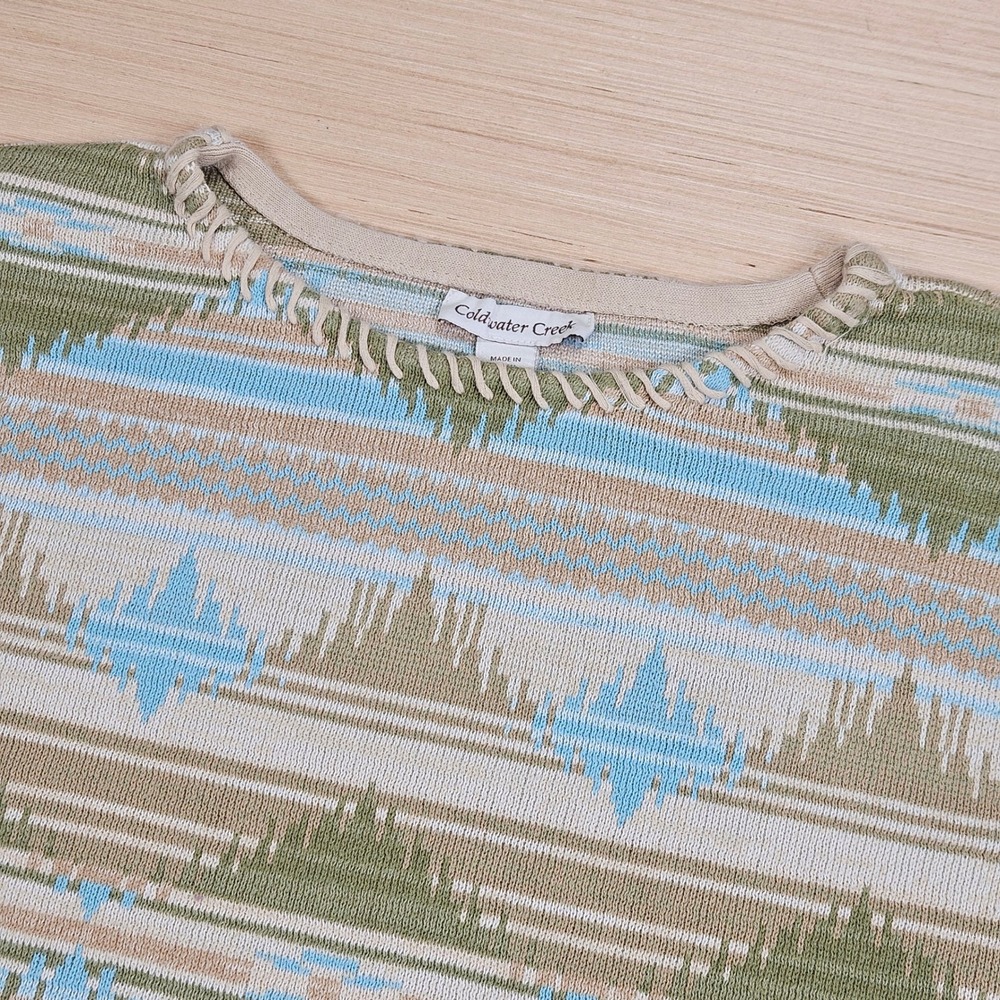 Coldwater Creek Southwestern Aztec Sweater Women L Green Knit Cotton Geometric